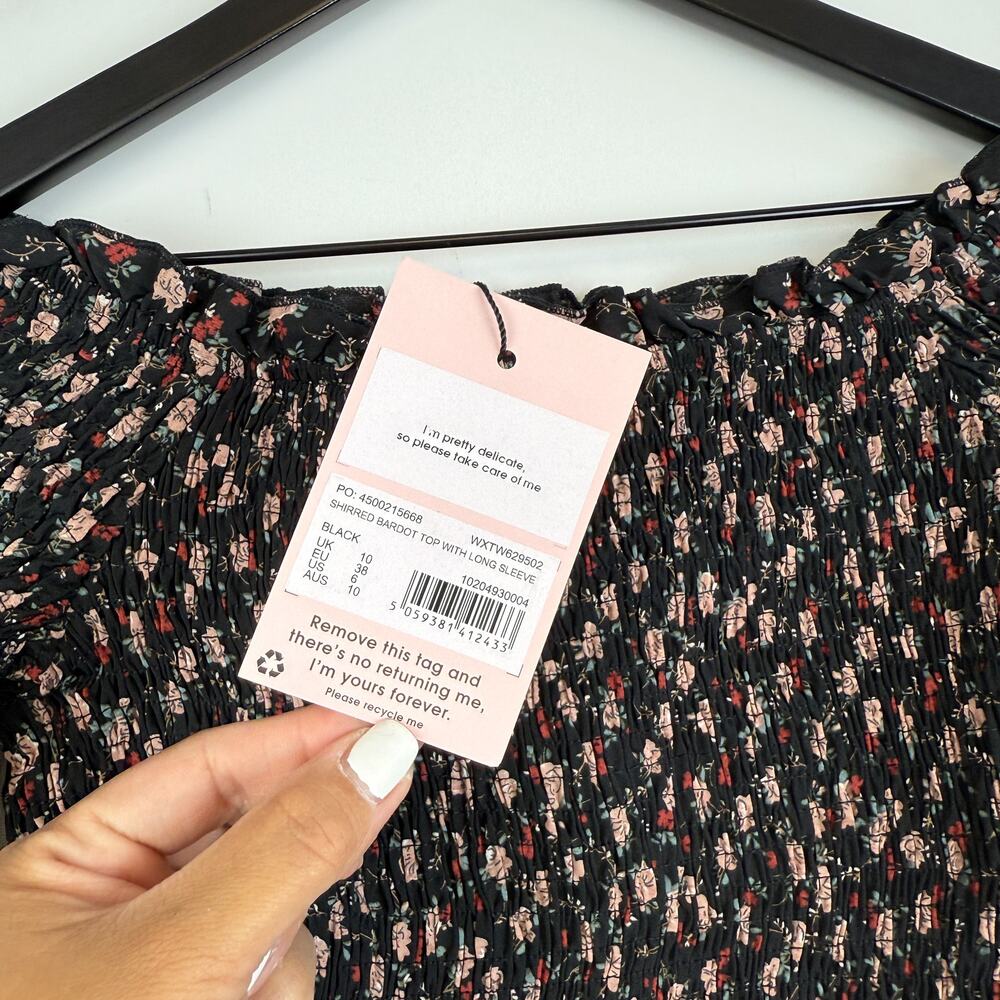 NWT Missguided Shirred Bardot Top Floral Off Shoulder LS Black - Size 6 US - Picture 3 of 10